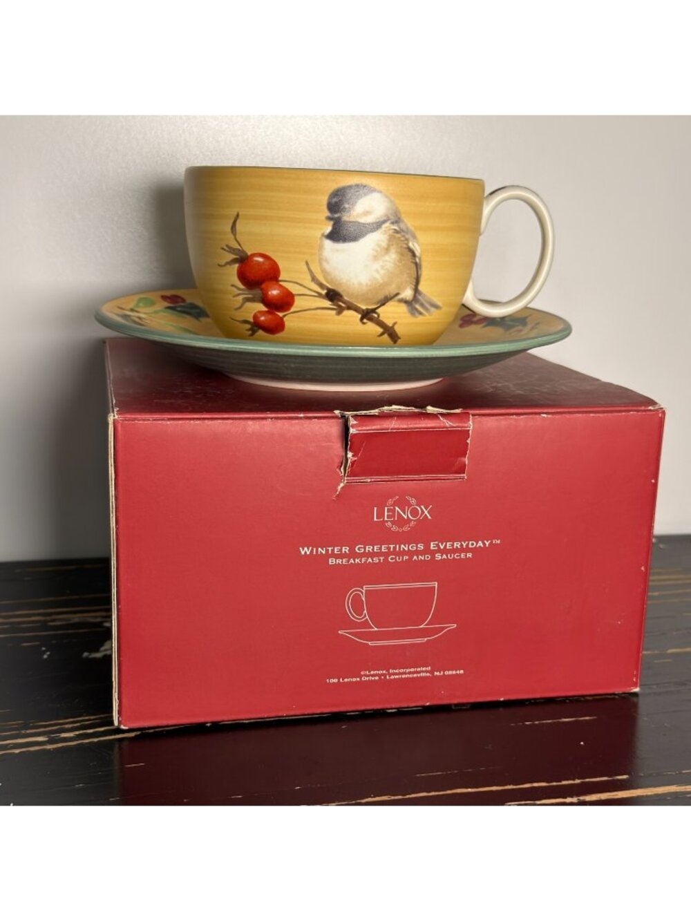 Lenox Winter Greetings Everyday Breakfast Cup and Saucer Set In Box